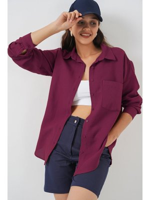 Mürdüm Tek Cepli Oversize Keten Gömlek Mürdüm Tek Cepli Oversize Keten Gömlek