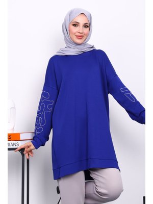 Saks Mavi Kolu İşlemeli Modal Tunik Saks Mavi Kolu İşlemeli Modal Tunik