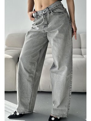 Açık Gri Bıyık Baggy Kot Pantolon Açik