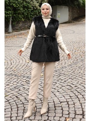 Siyah Kemerli Kürklü Yelek