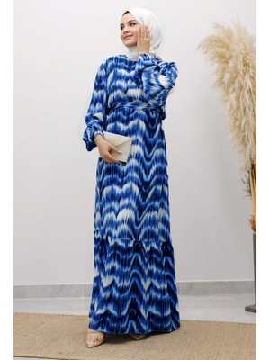 İndigo Eteği Volanlı Sulu Boya Desenli Viskon Elbise