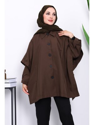 Kahverengi Oversize Düğmeli Panço Trenç