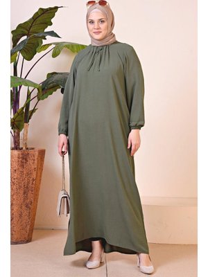 Haki Kadin Buyuk Beden Ayrobin Uzun Anne Elbise