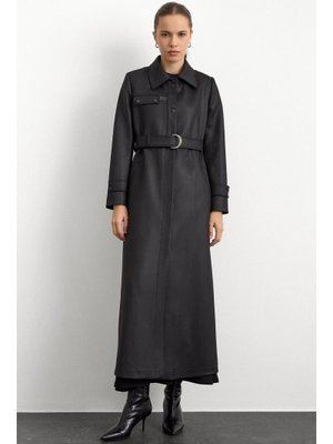 Siyah Gömlek Yaka Çıt Ve Deri Detaylı Gabardin Süet Pardesü