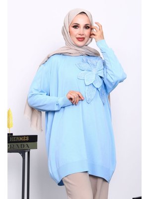 Bebe Mavi Soğuk İplik Çiçek Detaylı Triko Tunik Bebe Mavi Soğuk İplik Çiçek Detaylı Triko Tunik