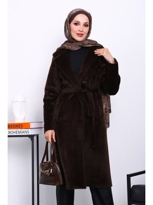 Kahverengi Kruvaze Yaka Cepli Angora Kaşe Kaban