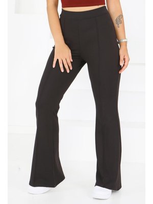 Siyah Sıyah Çımalı İspanyol Paça Krep Pantolon