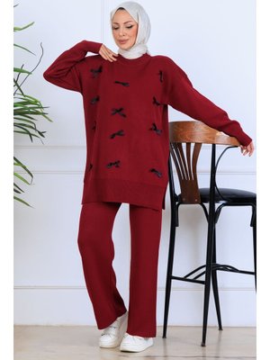 Bordo Fiyonk Detaylı Triko Takım