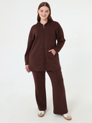 Kahverengi Fermuarlı Kapuşonlu Spor Sweatshirt & Pantolon Büyük Beden Takım Kahverengi Fermuarlı Kapuşonlu Spor Sweatshirt & Pantolon Büyük Beden Takım