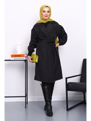 Siyah Kruvaze Yaka Kuşaklı Trençkot Siyah Kruvaze Yaka Kuşaklı Trençkot