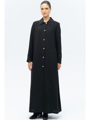 Siyah A Gömlek Yaka Grogren Detaylı Astarlı Büyük Beden Pardesü