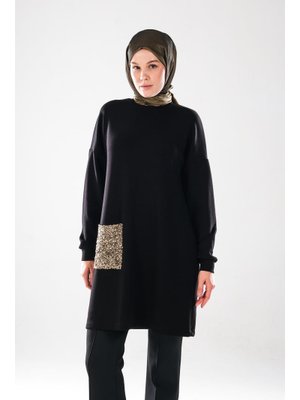 Bisiklet Yaka, Uzun Kollu, Şık Günlük / Abiye 2288_ Altın Payet Cepli Siyah Tunik