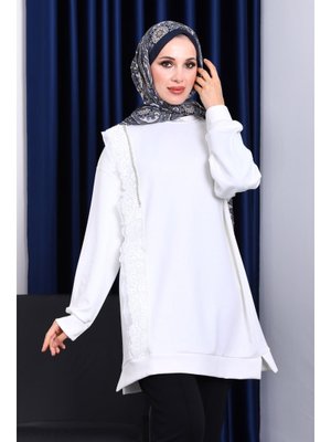 Ekru Dik Yaka Tül İşlemeli Tunik Ekru Dik Yaka Tül İşlemeli Tunik