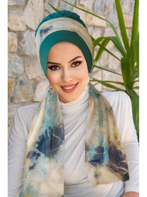 Zümrüt Turkuaz Batik Desen Fularlı Bone