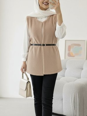 Bej Beli Kemerli Çift Cepli Astarlı Peluş Yelek
