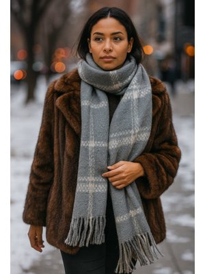 Antrasit Ekose Desenli Atkı Omuz Şalı 45x200 Cm 1294