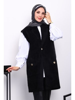 Siyah Cepli Uzun Angora Yumoş Yelek Siyah Cepli Uzun Angora Yumoş Yelek
