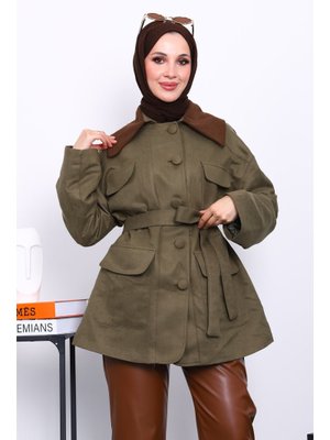 Haki Yaka Garnili Cepli Kuşaklı Trençkot