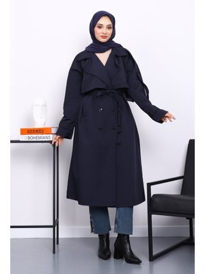Lacivert Kruvaze Yaka Astarlı Trençkot Lacivert Kruvaze Yaka Astarlı Trençkot