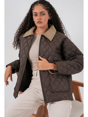 Kahverengi Bej Kapitone Oversize Mont