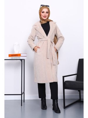 Bej Kruvaze Yaka Cepli Angora Kaşe Kaban