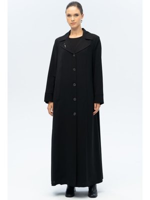Siyah A Ceket Yaka Broş Detaylı Astarlı Büyük Beden Pardesü