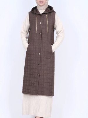 K. Kahve Kapüşonlu Zincir Detaylı Cepli Kapitone Yelek