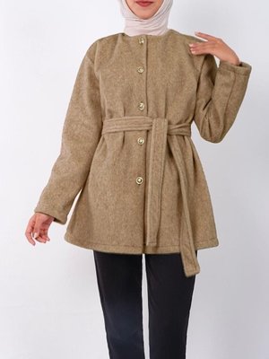 Vizon Düğmeli Beli Bağlamalı Kürklü Ceket