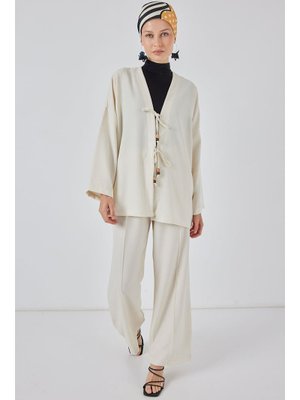 Ekru Keten Kimono İkili Takım Ekru Keten Kimono İkili Takım