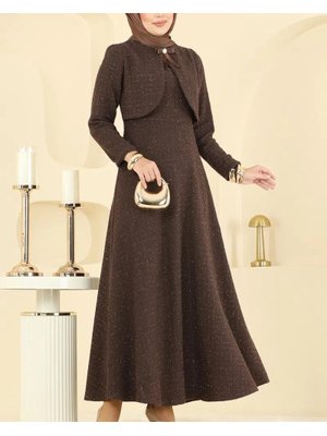 Kahve Ceket Detaylı Simli Broşlu Elbise