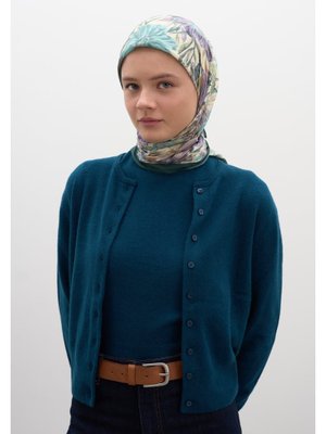 Petrol Vıntage Garden Desen Pamuklu Viskon Eşarp