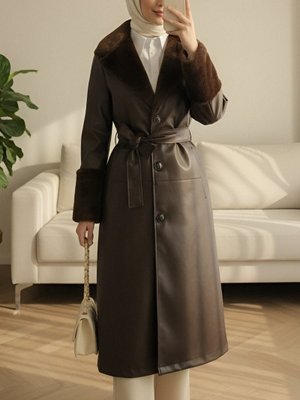 K. Kahve Kürklü Önü Düğmeli Kemerli Deri Pardesü