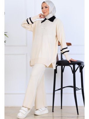 Taş Rengi İşlemeli Triko Takım