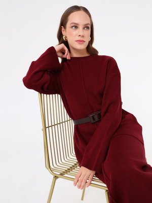 Bordo Önü Dikiş Detaylı Tunik & Etek Triko Takım