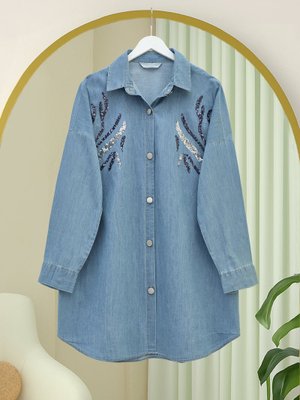 Açık Mavi Pul Payetli Metal Düğmeli Salaş Kot Gömlek