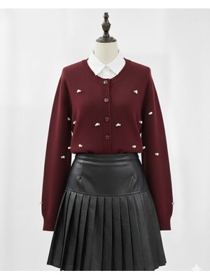 Bordo Düğmeli Çiçek Detaylı Yumoş Hırka