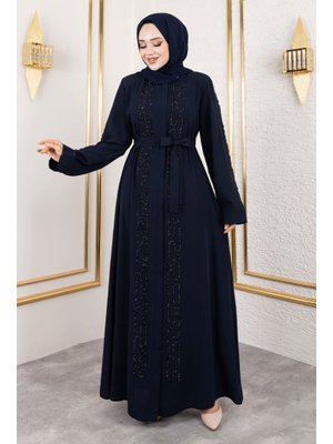 Lacivert Zincir Taş Detaylı Abaya