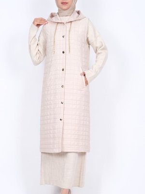 Taş Kapüşonlu Zincir Detaylı Cepli Kapitone Yelek