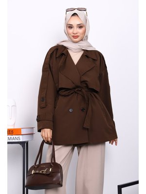 Kahverengi Kruvaze Yaka Astarlı Kısa Trençkot Kahverengi Kruvaze Yaka Astarlı Kısa Trençkot