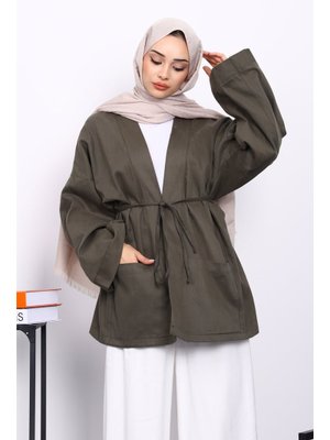 Haki Cepli İp Detaylı Kanvas Ceket