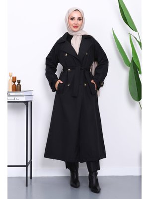 Siyah Kravuze Yaka Kuşaklı Astarlı Trençkot