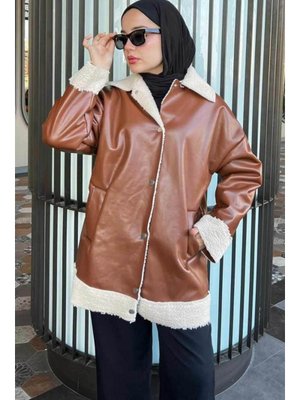 Kürk Detaylı Taba Deri Ceket 9310tb