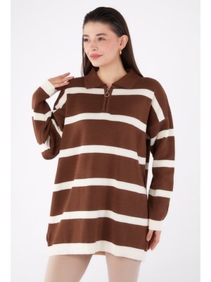 Kahve Çizgili Triko Tunik