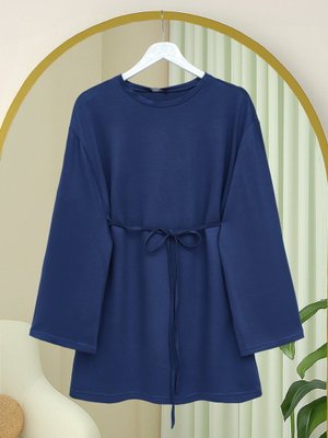 Laci Yuvarlak Yaka Beli Bağlamalı Penye Tunik