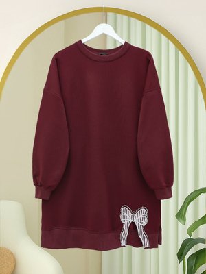 Bordo Yuvarlak Yaka Eteği Fiyonk Detaylı Salaş Penye Tunik Bordo Yuvarlak Yaka Eteği Fiyonk Detaylı Salaş Penye Tunik