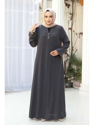 Boncuk İşlemeli Füme Ferace 29122fu