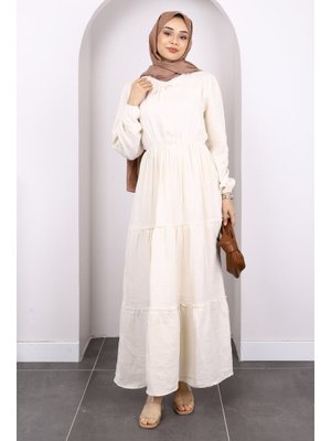 Bej Yaka Bağlamalı Eteği Katlı Muslin Elbise Bej Yaka Bağlamalı Eteği Katlı Muslin Elbise