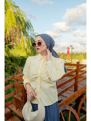 Sarı Büzgü Detay Poplin Gömlek