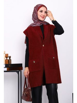 Bordo Cepli Uzun Angora Yumoş Yelek