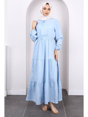Mavi Yaka Bağlamalı Eteği Katlı Muslin Elbise Mavi Yaka Bağlamalı Eteği Katlı Muslin Elbise